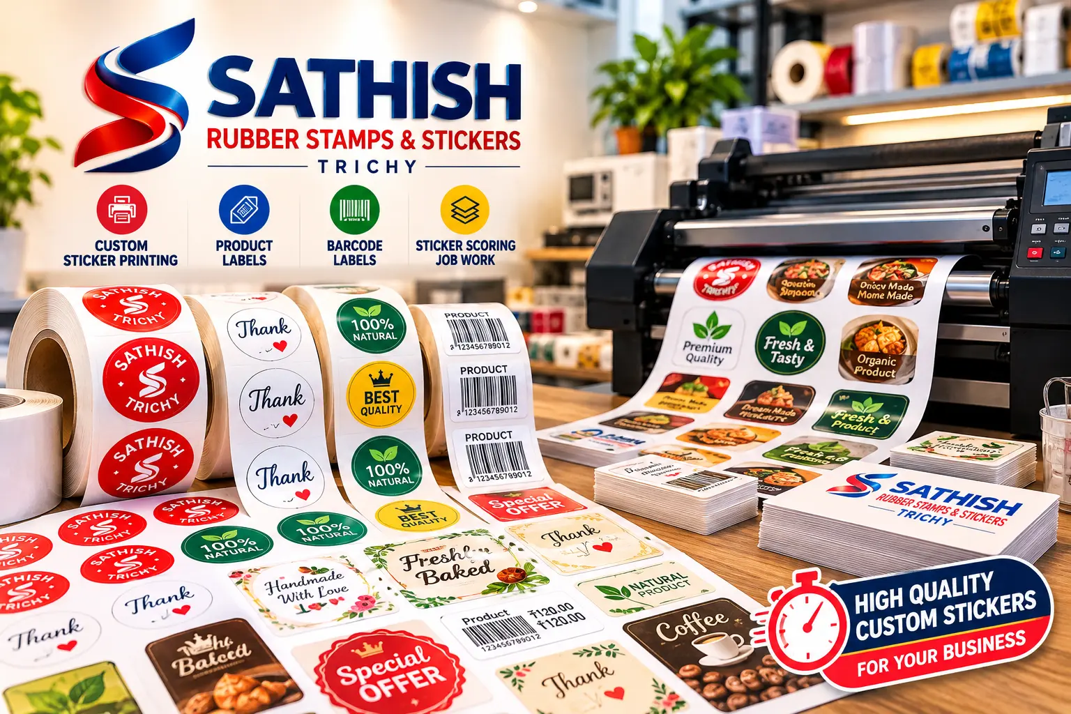Custom Sticker Printing and Product Labels at Sathish Rubber Stamps and Stickers Trichy