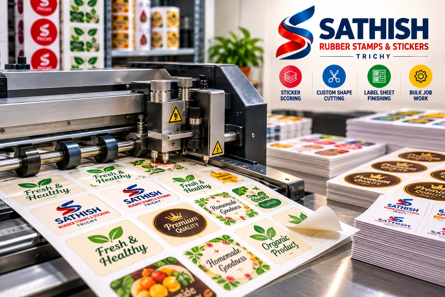 Sticker Scoring and Cutting Job Work at Sathish Rubber Stamps and Stickers Trichy